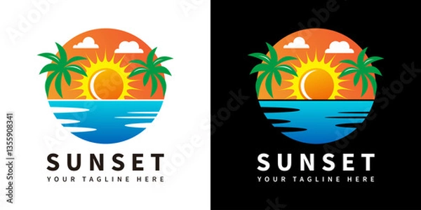 Fototapeta Beach logo design with palm trees and sunset over sea water, summer vibe. Vector illustration design