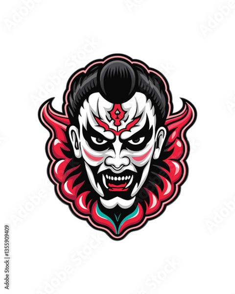 Fototapeta A striking portrait of a Kabuki actor in elaborate, traditional costume and dramatic makeup, showcasing intricate details of the attire and facial features.