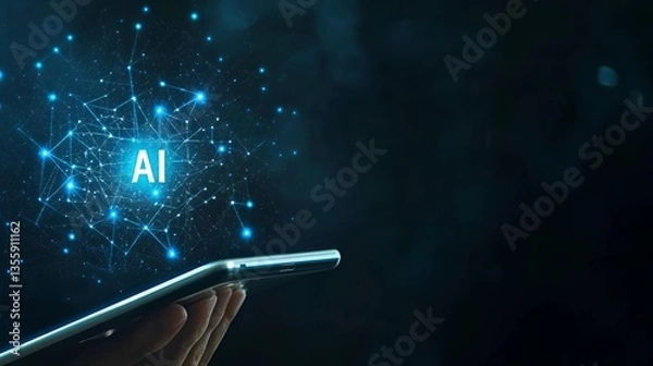 Fototapeta Hand Holding a Tablet with Glowing AI Hologram on Dark Background.