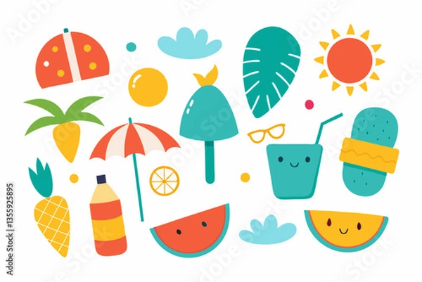 Fototapeta Set of cute summer icons,  food, drinks and palm leaves. Bright elements of party Summer. Essentials set for beach. Flat Vector illustrations.