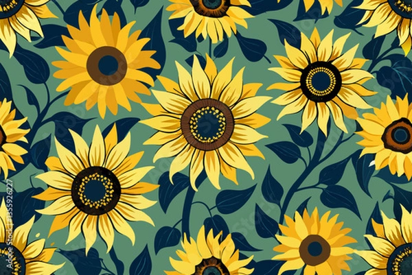 Fototapeta Seamless pattern of sunflower and leaf background.  vector illustration. 