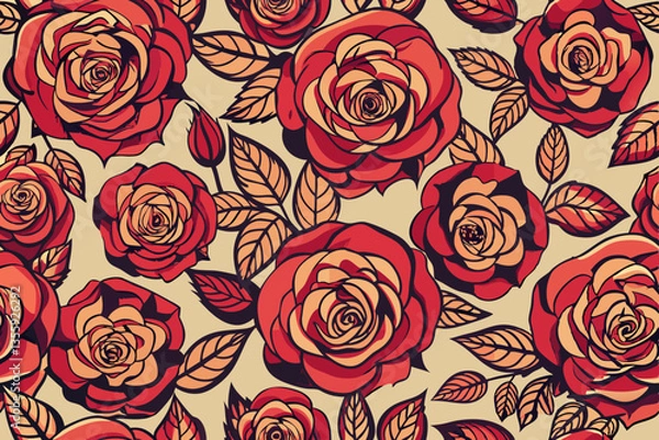 Fototapeta Seamless pattern of red rose and leaf background. vector background 