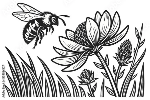 Fototapeta Cute cartoon character bee in the flower garden coloring page,  outline vector. vector printable worksheets for childreeen and school