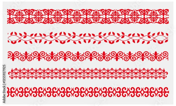 Fototapeta A vintage-style ornamental design featuring a filigree heraldic crest, calligraphic motif, and floral-patterned horizontal divider.