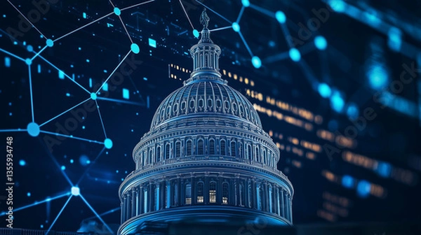 Fototapeta Digital Capitol: A striking visual of the US Capitol building is overlaid with an abstract digital network, creating a juxtaposition of the tangible and the technological.