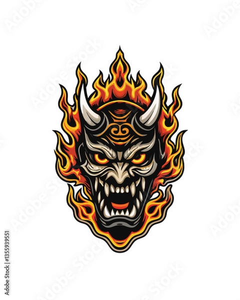 Obraz Generate a highly detailed image of a sixth iteration of an intricate Japanese Noh mask design, focusing on an Oni mask with exaggerated features.