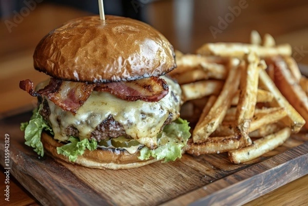Obraz A close-up of a gourmet cheeseburger with melted cheese, crispy bacon, and fresh lettuce, served on a wooden platter with fries