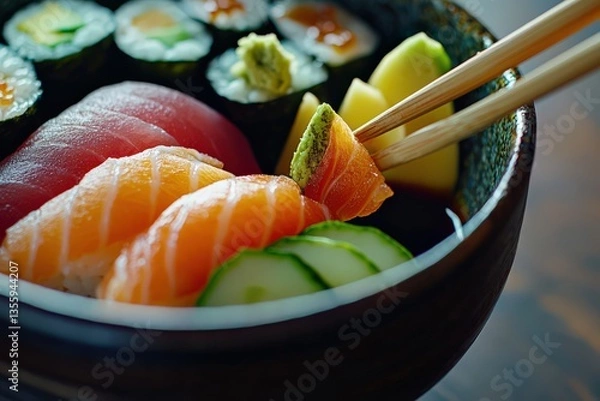 Obraz A close-up of a sushi platter with nigiri, sashimi, and colorful rolls, accompanied by soy sauce and wasabi