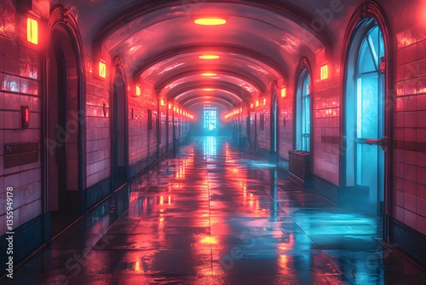 Fototapeta A neon-lit hallway with red and blue hues creates a moody cyberpunk atmosphere. Perfect for album art or a futuristic game backdrop.