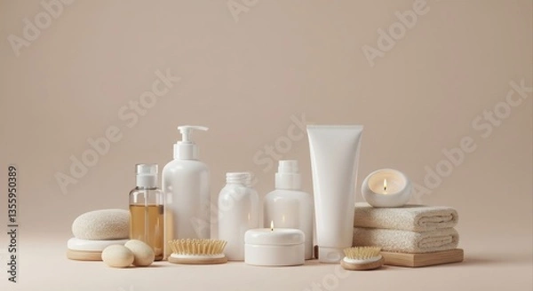 Fototapeta Elegant spa products displayed beautifully.