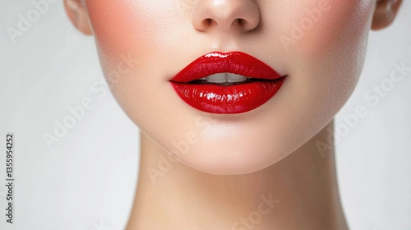 Fototapeta Glossy red female lips with natural shine isolated beauty close-up elegant makeup studio lighting