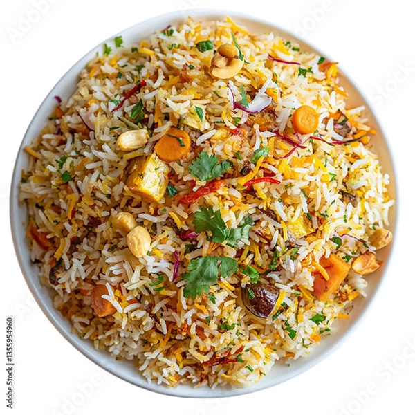 Obraz Saffron Almond Rice PNG with Aromatic Yellow Basmati, Whole Almonds, Fresh Herbs, and Vibrant Saffron Strands – High-Quality Stock Image for Culinary Presentation and Recipe Design