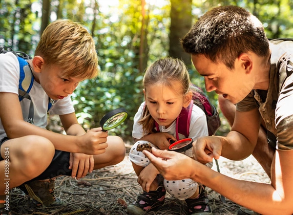 Obraz parent and children hiking exploring forest with magnifying glass learning about nature	
