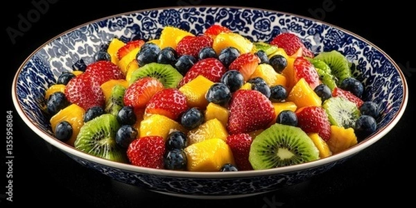 Obraz A vibrant bowl of mixed fruit salad, featuring strawberries, kiwis, mangoes, and blueberries, drizzled with honey