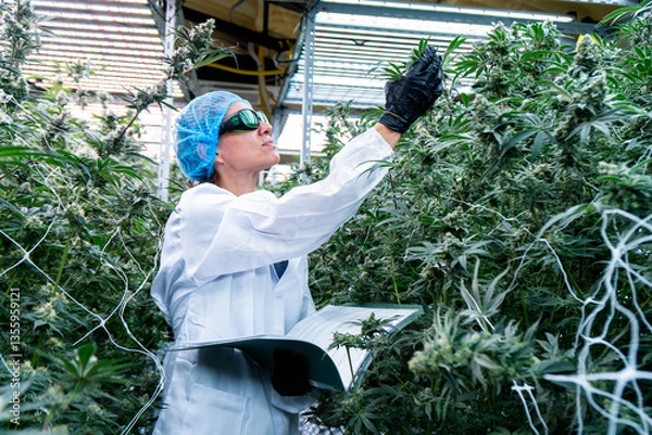 Fototapeta A dedicated lab technician meticulously records data while examining cannabis plants.