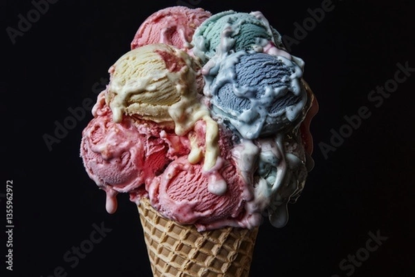 Obraz A waffle cone topped with multiple scoops of colorful, artisanal ice cream