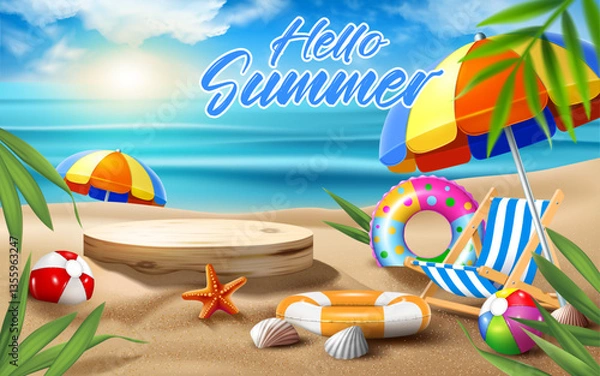 Fototapeta wooden podium on the beach background.summer objects decorative hello summer product display and presentation sale banner vector illustration.