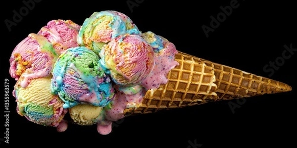 Obraz A waffle cone topped with multiple scoops of colorful, artisanal ice cream