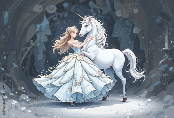 Fototapeta Girl in gown hugging white unicorn in enchanted forest artwork