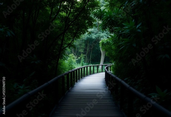 Obraz Walking on a Wooden Path Through Lush Green Forest Scenery