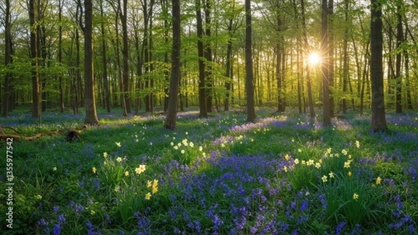 Fototapeta A serene forest scene with blooming flowers and sunlight filtering through trees.