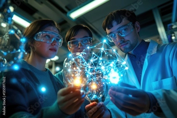 Fototapeta Team of scientists examining a glowing network, symbolizing innovation and connection.