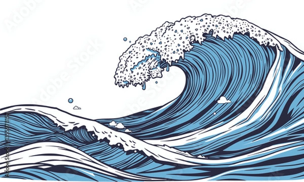 Fototapeta stunning illustration of large ocean wave, showcasing intricate details water movement and foam. vibrant blue tones and dynamic lines evoke sense of energy and motion, capturing beauty of nature