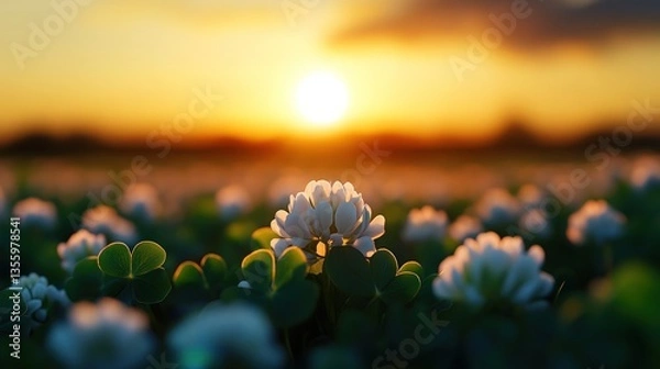 Fototapeta Sunset over a field of clover blossoms