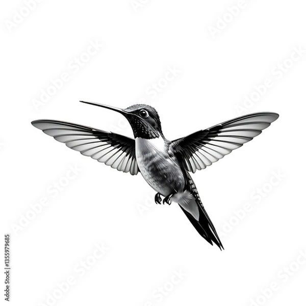 Obraz A black and white illustration of a hummingbird in flight, isolated on a transparent background. Elegant and detailed, perfect for nature or wildlife designs.