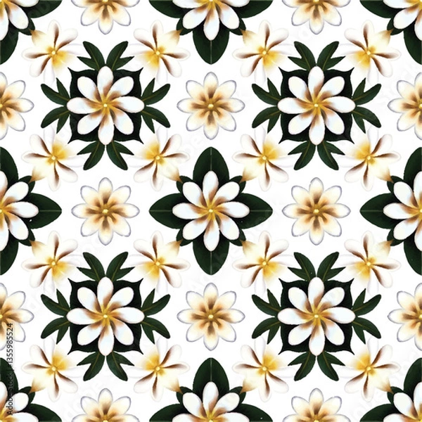 Fototapeta A seamless pattern of jasmine having white petals with a yellow center flowers in circular pattern on white background. 