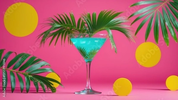 Fototapeta Beach resort. Stunning tropical palm tree in a large martini glass against a pink backdrop. Space for advertisement or text. Modern design. Conceptual, contemporary art collage.