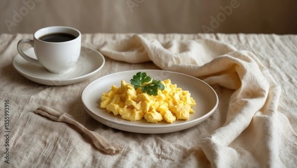 Obraz Breakfast featuring scrambled eggs positioned on the table.