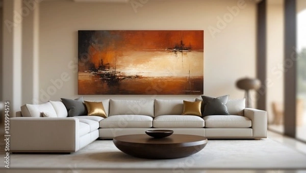 Fototapeta Blurred backdrop of a contemporary living room showcasing a soft sectional sofa, neutral decor, and modern art, establishing a welcoming and stylish ambiance for relaxation.