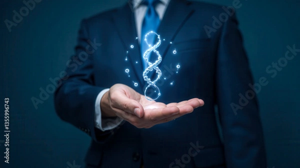 Fototapeta Business innovation with digital DNA hologram in biotechnology field representing technology research strategies and scientific progress in corporate environment