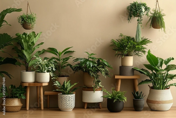 Fototapeta An image of a room with various plants in different pots and planters
