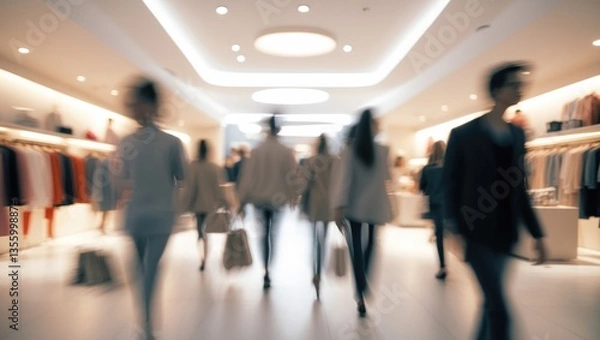 Fototapeta Blurred image of individuals strolling and shopping in an atmosphere of a modernly decorated shopping center background.