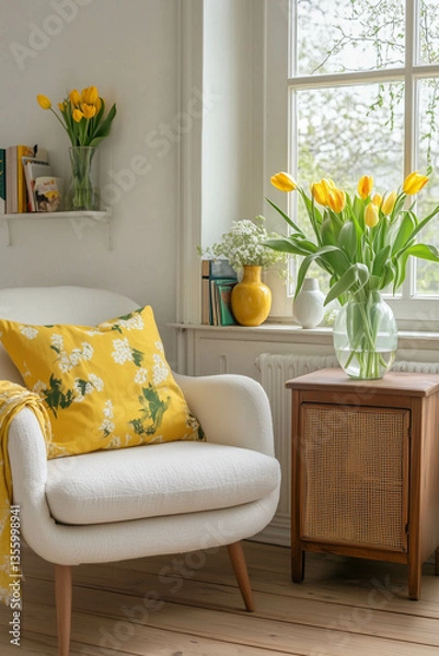 Obraz A Scandinavian-style living room with white walls