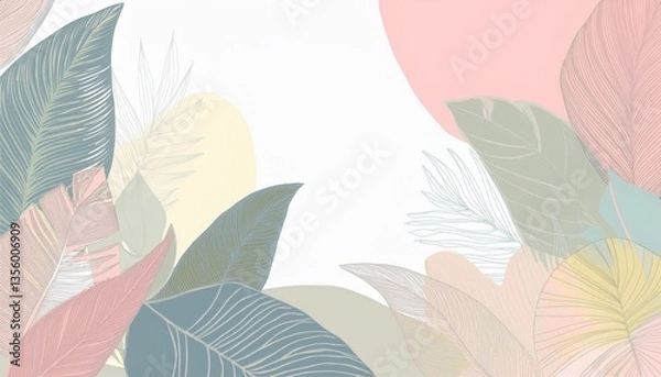 Fototapeta Hello Summer concept design with abstract illustrations on a background of exotic forest leaves