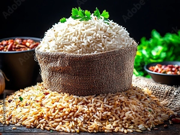 Obraz Cooked Rice in Burlap Sack.