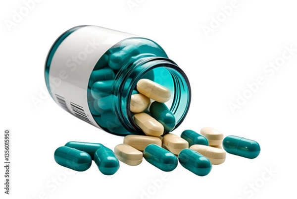 Obraz spilled capsules, teal and white, glass bottle, white background, isolated, no background