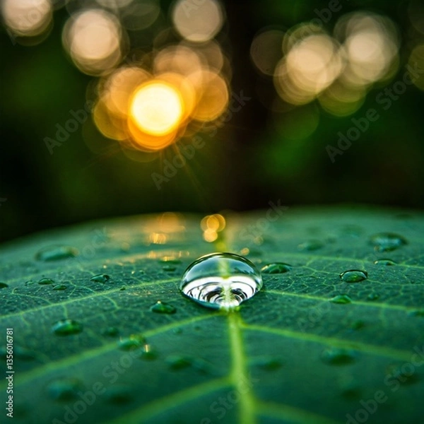 Fototapeta single raindrop delicately resting on the intricate veins of a fresh green leaf. The droplet acts as a tiny lens, magnifying the detailed structure of the leaf beneath it. Sunlight filters 
