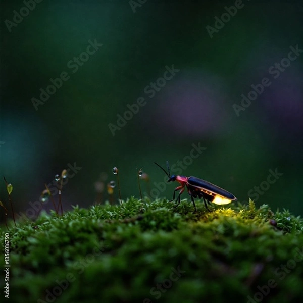 Obraz A single firefly resting on a soft bed of emerald green moss, its bioluminescent body glowing with a warm golden light.