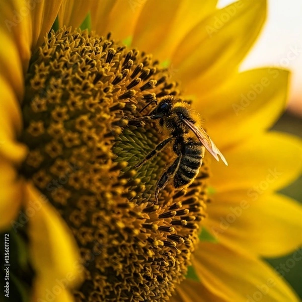 Fototapeta A honeybee, dusted with golden pollen, perched delicately on the center of a vibrant sunflower