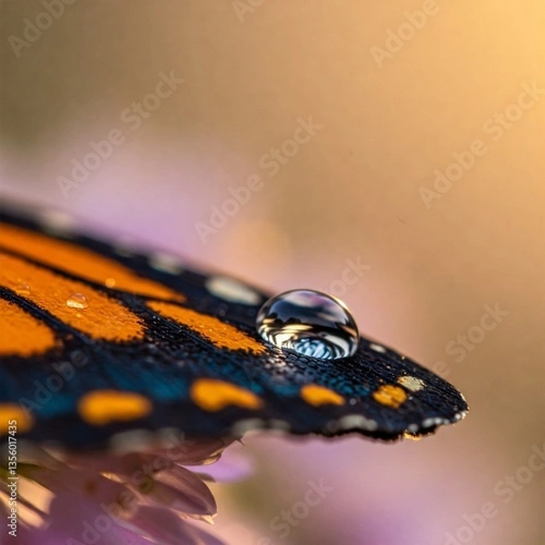 Fototapeta A single, perfectly round water droplet delicately balancing on the intricate patterns of a butterfly’s wing.