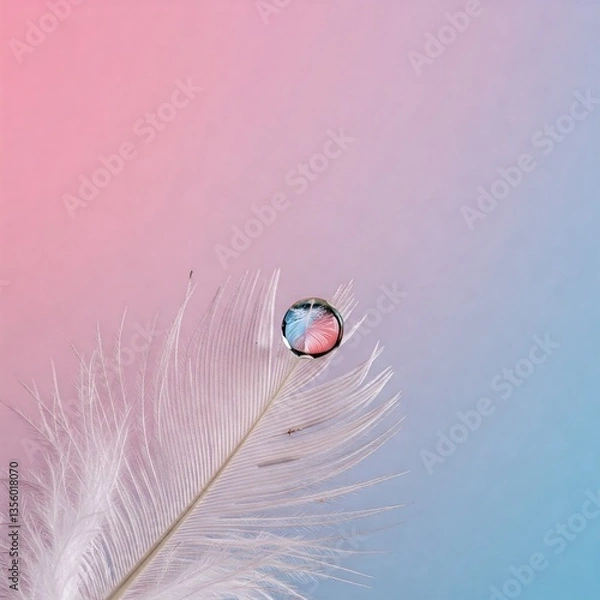 Fototapeta A single crystal-clear raindrop perfectly balanced on the tip of a delicate feather. The water droplet magnifies the intricate barbs 