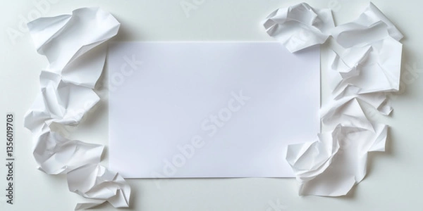 Fototapeta Paper with blank space for text surrounded by crumpled paper on a white background top view