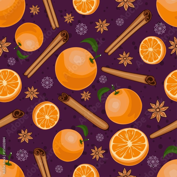 Obraz Christmas winter spice with fruit. Decorative vector seamless pattern. Mulled wine theme.