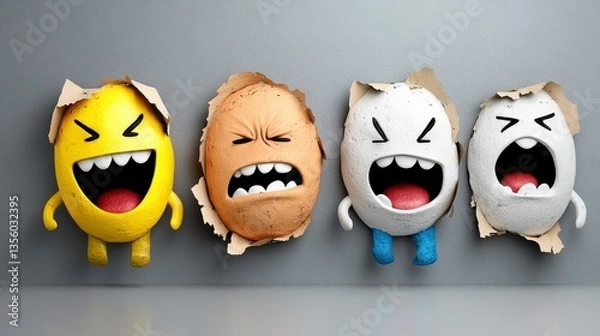 Fototapeta Playful Cartoon Eggs with Varied Emotions Emerging from Torn Paper