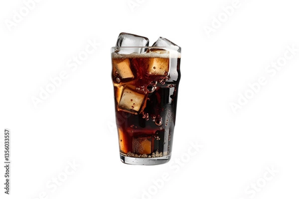 Fototapeta cola in glass, ice cubes, white background, isolated, no background