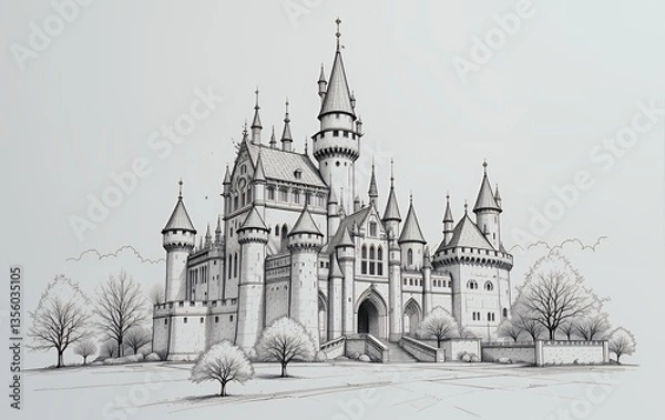 Obraz Detailed Castle Sketch with Towers and Bare Trees in Winter Season